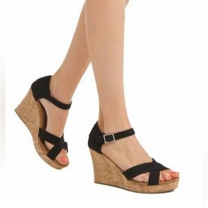 Toms Black Cork Wedge Sandals Heels - Size 7.5